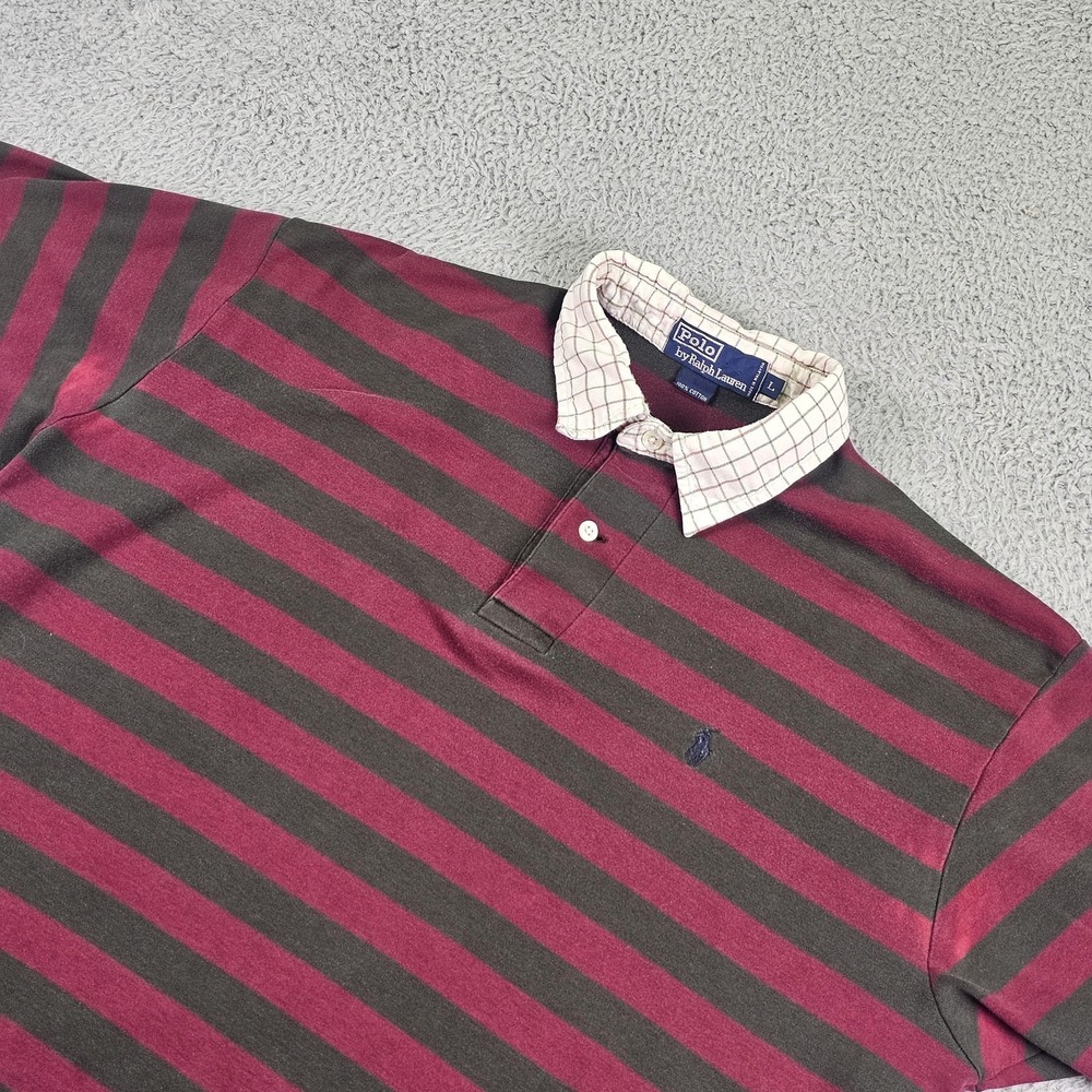 Polo Ralph Lauren Polo Shirt Mens Large Red Striped Contrast Collar Cotton